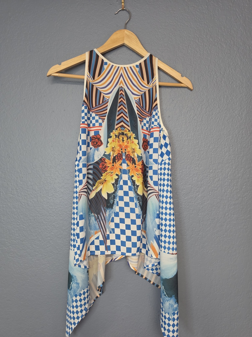 Clover Canyon Mixed Print Handkerchief Hem Tank Top Blue Checkered Floral